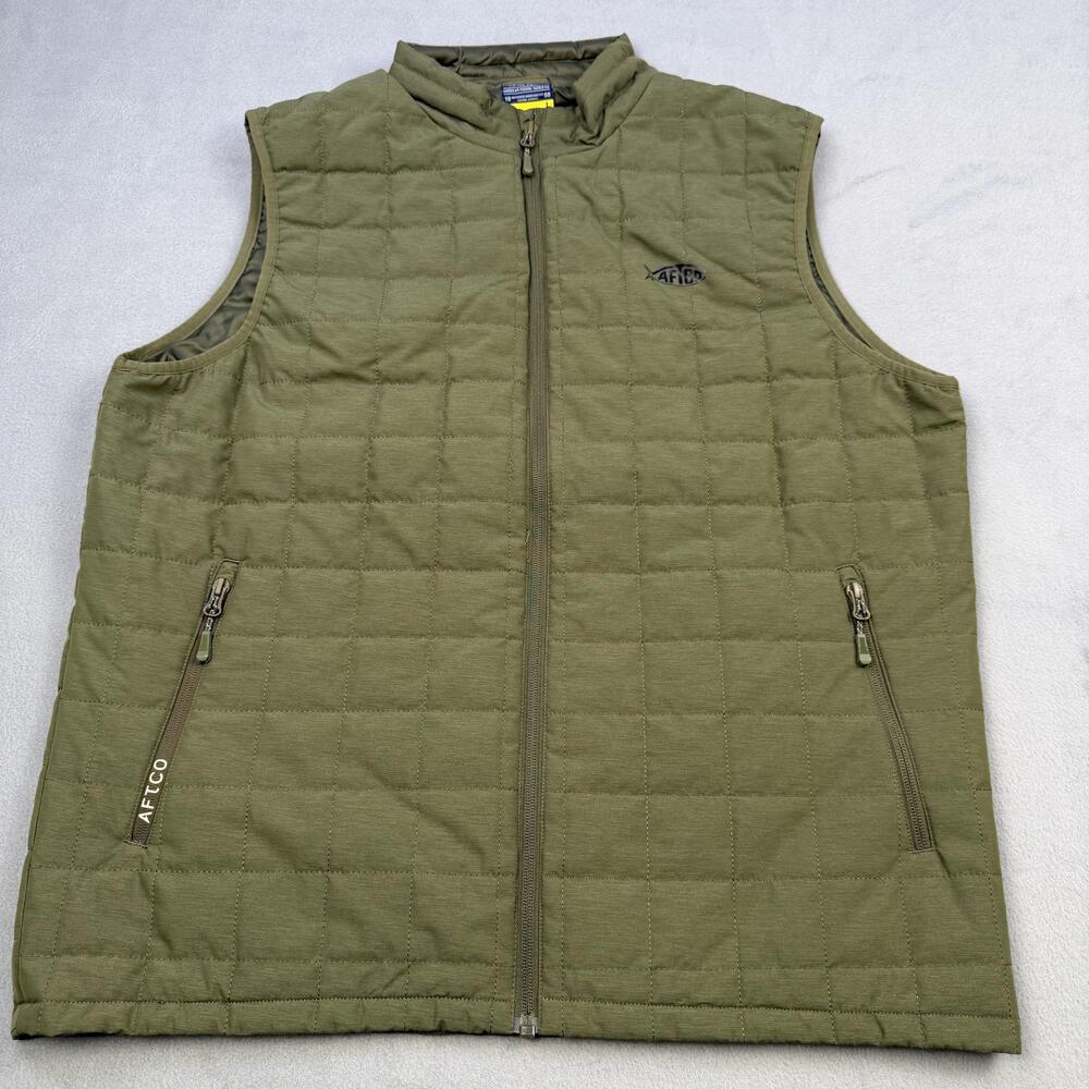 AFTCO Vest Mens Large Green Quilted Full Zip Insulated Fishing Puffer Outdoor
